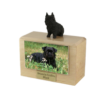 Wooden Pet Urn with Sitting Black Brussels Griffon Figurine & 4x6 Inches Photo Holder