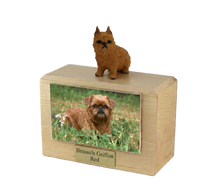 Wooden Pet Urn with Sitting Red Brussels Griffon Figurine & 4x6 Inches Photo Holder