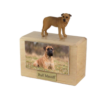Wooden Pet Urn with Standing Tan Bull Mastiff Figurine & 4x6 Inches Photo Holder