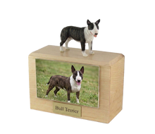 Wooden Pet Urn with Standing Black and White Bull Terrier Figurine & 4x6 Inches Photo Holder