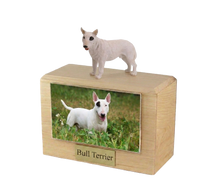 Wooden Pet Urn with Standing White Bull Terrier Figurine & 4x6 Inches Photo Holder