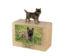 Wooden Pet Urn with Standing Brindle Cairn Terrier Figurine & 4x6 Inches Photo Holder