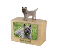 Wooden Pet Urn with Standing Gray Cairn Terrier Figurine & 4x6 Inches Photo Holder