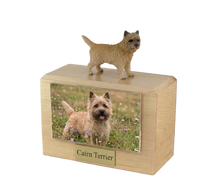 Wooden Pet Urn with Standing Tan Cairn Terrier Figurine & 4x6 Inches Photo Holder