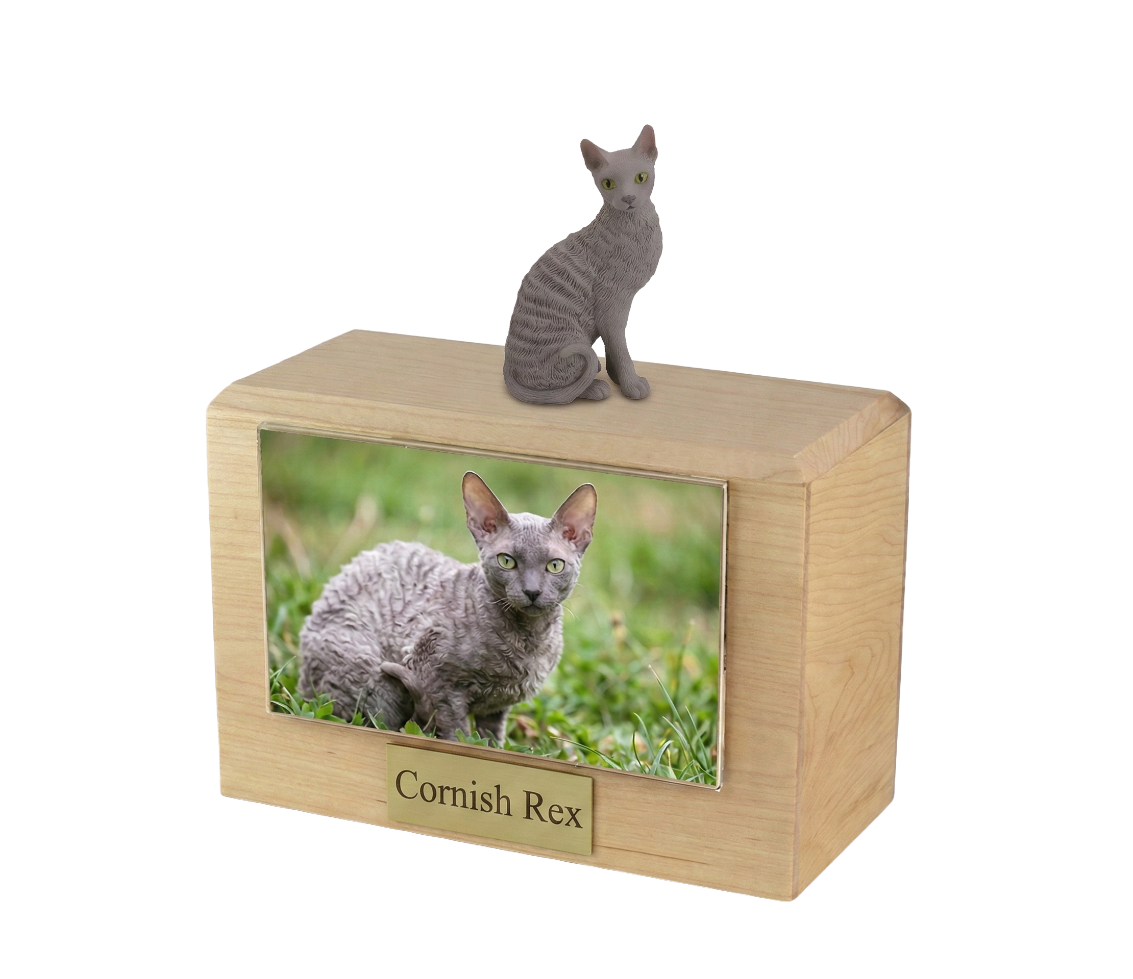 Wooden Pet Urn w/ Sitting Blue Cornish Rex Figurine & 4x6 Photo Holder ...