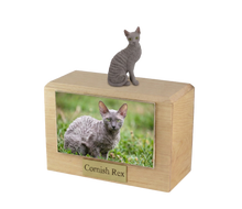 Wooden Pet Urn with Sitting Blue Cornish Rex Figurine & 4x6 Inches Photo Holder