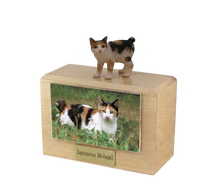 Wooden Pet Urn with Standing Tortoiseshell and White Japanese Bobtail Figurine & 4x6 Inches Photo Holder