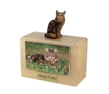 Wooden Pet Urn with Sitting Brown Tabby Maine Coon Figurine & 4x6 Inches Photo Holder