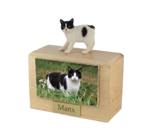 Wooden Pet Urn with Standing Black and White Manx Cat Figurine & 4x6 Inches Photo Holder