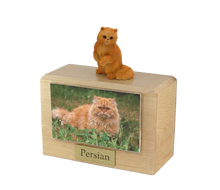 Wooden Pet Urn with Sitting Red Persian Cat Figurine & 4x6 Inches Photo Holder