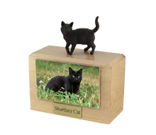 Wooden Pet Urn with Standing Black Shorthair Cat Figurine & 4x6 Inches Photo Holder