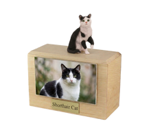 Wooden Pet Urn with Sitting Black and White Shorthair Cat Figurine & 4x6 Inches Photo Holder