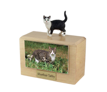 Wooden Pet Urn with Standing Tabby Shorthair Cat Figurine & 4x6 Inches Photo Holder