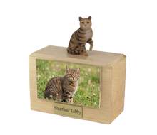 Wooden Pet Urn with Sitting Brown Tabby Shorthair Cat Figurine & 4x6 Inches Photo Holder