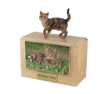 Wooden Pet Urn with Standing Brown Tabby Shorthair Cat Figurine & 4x6 Inches Photo Holder