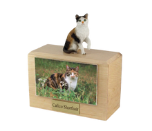 Wooden Pet Urn with Sitting Calico Shorthair Cat Figurine & 4x6 Inches Photo Holder