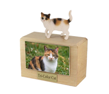 Wooden Pet Urn with Standing Tri-Color Cat Figurine & 4x6 Inches Photo Holder