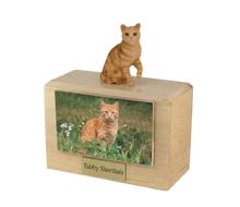Wooden Pet Urn with Sitting Tabby Red Shorthair Cat Figurine & 4x6 Inches Photo Holder