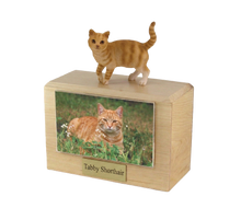 Wooden Pet Urn with Standing Tabby Red Shorthair Cat Figurine & 4x6 Inches Photo Holder