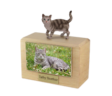 Wooden Pet Urn with Standing Tabby and Silver Shorthair Cat Figurine & 4x6 Inches Photo Holder