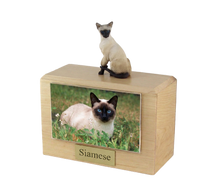 Wooden Pet Urn with Sitting Siamese Figurine & 4x6 Inches Photo Holder