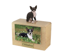 Wooden Pet Urn with Sitting Black and White Chihuahua Figurine & 4x6 Inches Photo Holder