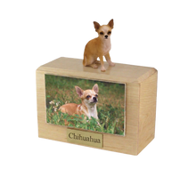 Wooden Pet Urn with Sitting White and Tan Chihuahua Figurine & 4x6 Inches Photo Holder