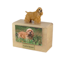 Wooden Pet Urn with Standing Blond Cocker Spaniel Figurine & 4x6 Inches Photo Holder