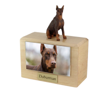 Wooden Pet Urn with Sitting Red Doberman Figurine & 4x6 Inches Photo Holder