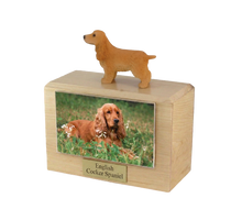 Wooden Pet Urn with Standing Blond English Cocker Spaniel Figurine & 4x6 Inches Photo Holder