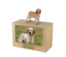 Wooden Pet Urn with Standing Orange Belton English Setter Figurine & 4x6 Inches Photo Holder