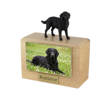 Wooden Pet Urn with Standing Flat Coated Retriever Figurine & 4x6 Inches Photo Holder