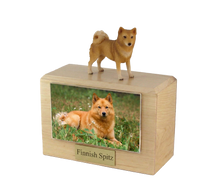 Wooden Pet Urn with Standing Finnish Spitz Figurine & 4x6 Inches Photo Holder