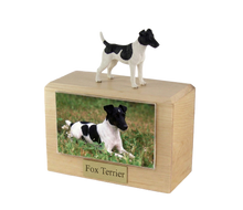 Wooden Pet Urn with Standing Black and White Fox Terrier Figurine & 4x6 Inches Photo Holder