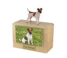 Wooden Pet Urn with Standing Brown and White Fox Terrier Figurine & 4x6 Inches Photo Holder