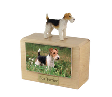 Wooden Pet Urn with Standing Wire Haired Fox Terrier Figurine & 4x6 Inches Photo Holder