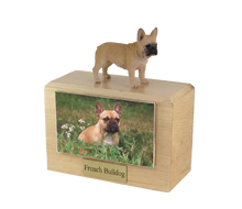 Wooden Pet Urn with Standing Fawn French Bulldog Figurine & 4x6 Inches Photo Holder