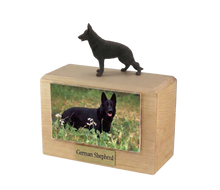 Wooden Pet Urn with Standing Black German Shepherd Figurine & 4x6 Inches Photo Holder