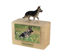 Wooden Pet Urn with Standing Black and Silver German Shepherd Figurine & 4x6 Inches Photo Holder