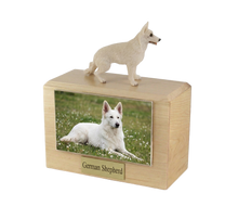 Wooden Pet Urn with Standing White German Shepherd Figurine & 4x6 Inches Photo Holder