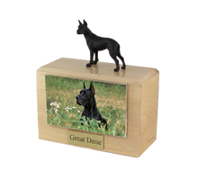 Wooden Pet Urn with Standing Black Great Dane Ears-Up Figurine & 4x6 Inches Photo Holder