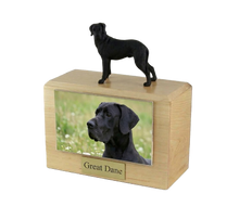 Wooden Pet Urn with Standing Black Great Dane Ears-Down Figurine & 4x6 Inches Photo Holder