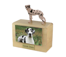 Wooden Pet Urn with Standing Harlequin Great Dane Ears-Down Figurine & 4x6 Inches Photo Holder