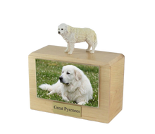 Wooden Pet Urn with Standing Great Pyrenees Figurine & 3.5x5 Inches Photo Holder