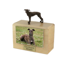 Wooden Pet Urn with Standing Greyhound Brindle Figurine & 4x6 Inches Photo Holder