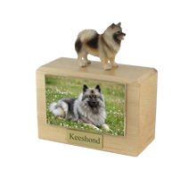 Wooden Pet Urn with Standing Keeshond Figurine & 4x6 Inches Photo Holder