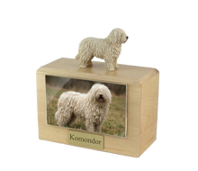 Wooden Pet Urn with Standing Komondor Figurine & 4x6 Inches Photo Holder