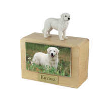 Wooden Pet Urn with Standing Kuvasz Figurine & 4x6 Inches Photo Holder