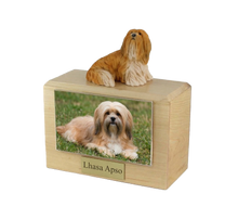 Wooden Pet Urn with Sitting Lhasa Apso Figurine & 4x6 Inches Photo Holder