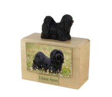 Wooden Pet Urn with Standing Black Lhasa Apso Figurine & 4x6 Inches Photo Holder
